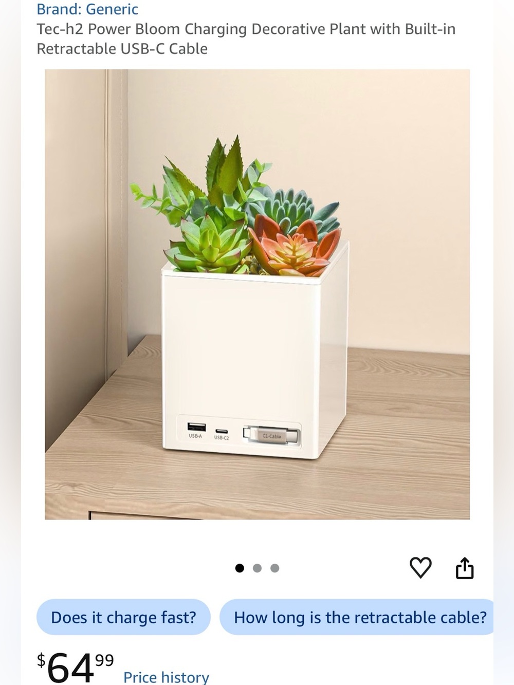 tech21 Planter with Colorful Faux Succulents and USB Ports